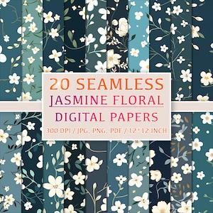 Set of 20 Calming Jasmine Floral Digital Patterns - Seamless Flower Papers for Relaxation and Crafts, Digital Backgrounds, Instant Download