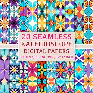 Set of 20 Modern Kaleidoscope Abstract Digital Papers - Seamless Patterns for Scrapbooking and Crafting, Commercial Use, Digital Print Set