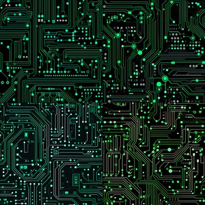 Peut inclure: Art num&eacute;rique abstrait repr&eacute;sentant un circuit imprim&eacute; vert et blanc sur fond noir.