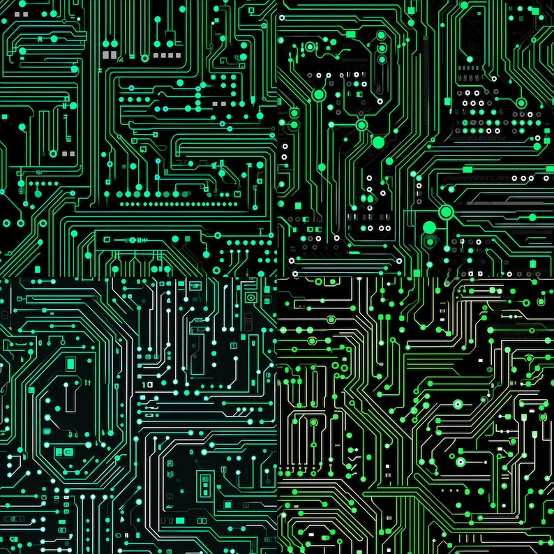Peut inclure: Art num&eacute;rique abstrait repr&eacute;sentant un circuit imprim&eacute; vert et blanc sur fond noir.