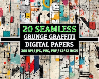 20 Seamless Grunge Graffiti Patterns - Punk Urban Digital Papers for Street Art, Backgrounds, Clipart, Scrapbooking Pack, Instant Download