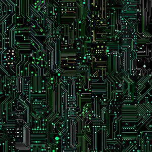 Peut inclure: Art num&eacute;rique abstrait avec un motif de circuit imprim&eacute; vert et blanc sur fond noir.