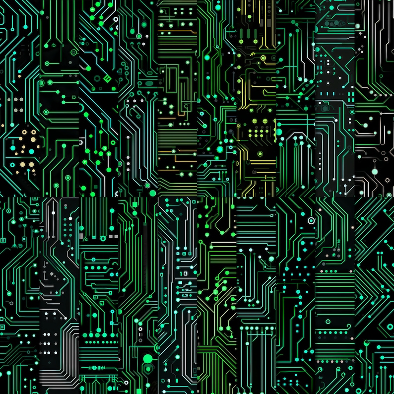 Peut inclure: Art num&eacute;rique abstrait avec un motif de circuit imprim&eacute; vert et blanc sur fond noir.