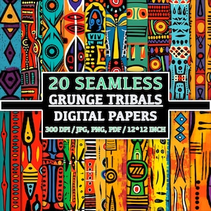 African-Inspired Grunge Tribal Patterns - Set of 20 Digital Papers for Tattoo, Backgrounds, Clipart, and Scrapbooking, Commercial Use, Print