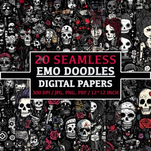 Emo Elegance: 20 Seamless Doodles Patterns, Digital Papers, Clipart, Backgrounds, Punk Graphics, Gothic Patterns, Emo Doodles, Download Set