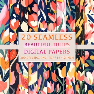 Beautiful Tulips: Set of 20 Seamless Digital Papers with Beautiful Floral Patterns. Exquisite Flowers, Clipart, Doodles, 12x12 inch set