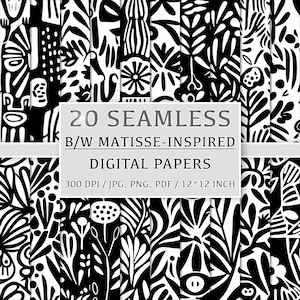 May include: Twenty black and white digital papers featuring Matisse-inspired abstract floral patterns. The papers are seamless and measure 12 inches by 12 inches.
