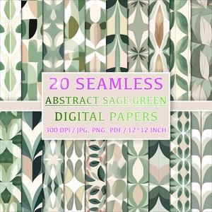 Abstract Sage Green Digital Papers, Set of 20 Seamless Patterns, Backgrounds, Printable, Commercial Use, Instant Download, Minimalism