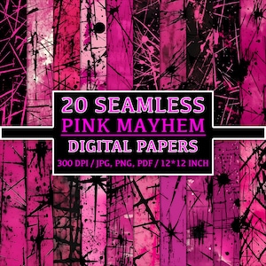 Set di 20 modelli senza cuciture punk rosa - documenti digitali con graffi, rosa su nero, estetica grunge, set di scrapbooking, pacchetto di sfondi