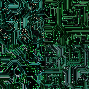 Peut inclure: Art num&eacute;rique abstrait repr&eacute;sentant un circuit imprim&eacute; avec des lignes et des points verts et bleus sur un fond noir.