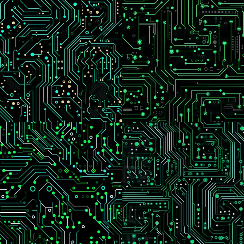 Peut inclure: Art num&eacute;rique abstrait repr&eacute;sentant un circuit imprim&eacute; avec des lignes et des points verts et bleus sur un fond noir.