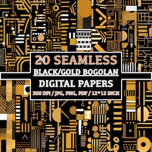 Set of 20 Patterns, Black & Gold Bogolan Digital Paper, Africa Inspired Patterns, Seamless Scrapbook Paper, Mudcloth Patterns, Download