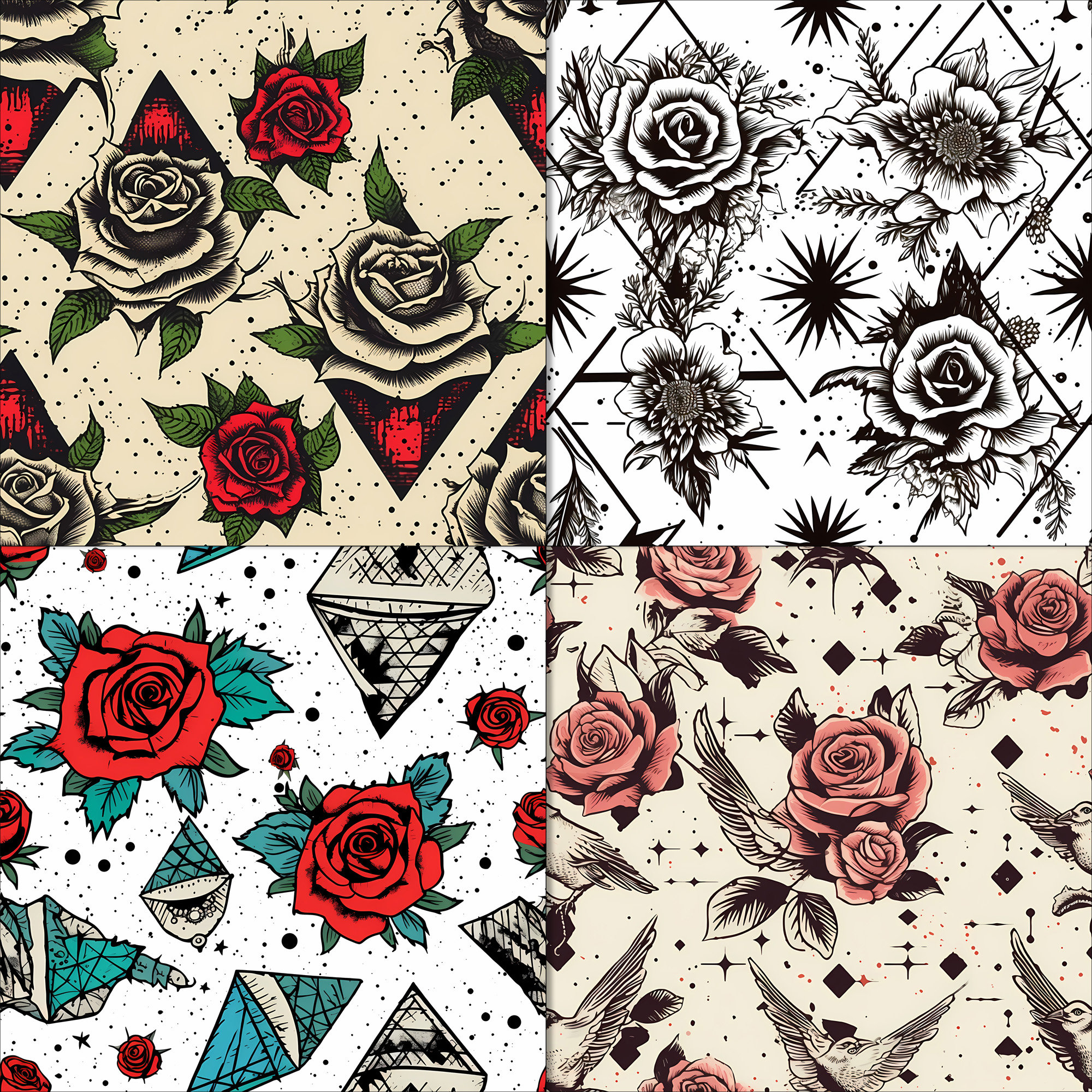Grunge N' Roses: 20 Seamless Grunge Rose Tattoo Patterns, Digital ...