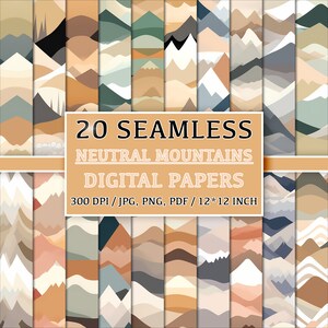 Mountain Serenity: Set van 20 naadloze patronen, neutrale kleuren, beige bergketenpatronen, digitaal papier, op de natuur geïnspireerde prints