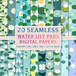 20 padrões de almofadas de nenúfar sem costura - papéis digitais requintados inspirados na beleza aquática da natureza, florais aquáticos, conjunto de scrapbooking, estampas