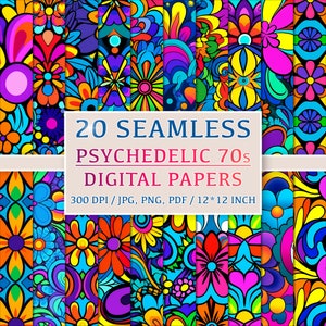May include: 20 digital papers with psychedelic 70s patterns in bright colors like blue, yellow, orange, pink, and green. The patterns feature swirls, flowers, and geometric shapes. 300 DPI / JPG, PNG, PDF / 12*12 INCH