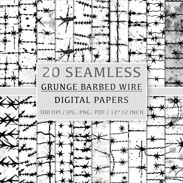 Industrial Edge: 20 Grunge Barbed Wire Seamless Patterns for Digital Papers, Clipart, Backgrounds, Factory, Commercial Use, Black and White