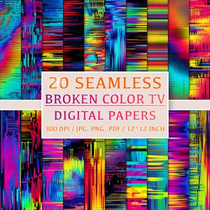 壊れたカラーテレビ: 20 種類のシームレスなデジタル パターン、紙、クリップアート、背景、歪んだ信号、マトリックスの不具合、表示エラー、ダウンロード
