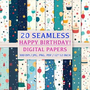 20 modèles de joyeux anniversaire sans couture - papiers numériques pour des célébrations joyeuses, conceptions sur le thème des fêtes, scrapbooking, souvenirs heureux, impression numérique