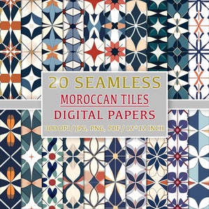 20 modelli di piastrelle marocchine senza cuciture per clipart, sfondi, documenti digitali, uso commerciale, motivi stampabili esotici, pacchetto di design africano