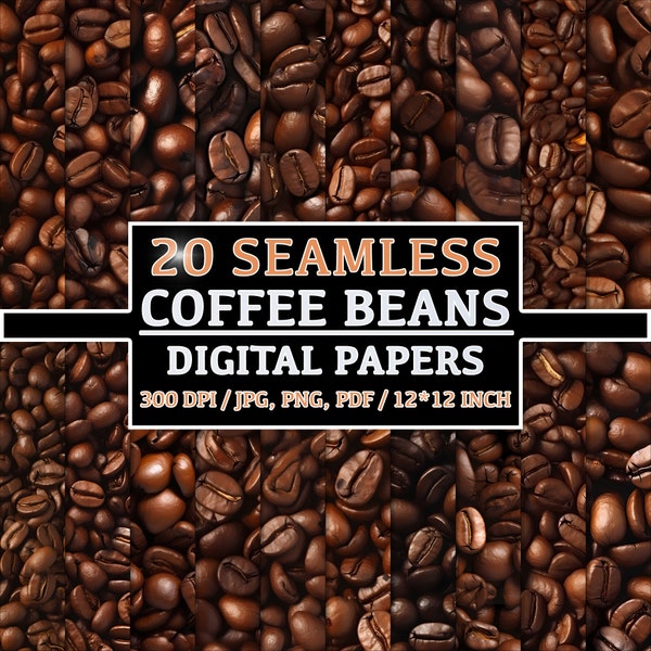 Rich Roast Delight : 20 motifs de grains de café sans couture, papiers numériques, Clipart, arrière-plans, graphiques Barista, haricots bruns, tasse de Java Set