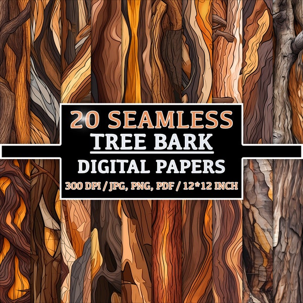 20 Seamless Tree Back Patterns - Nature-inspired Designs with Tree Trunks, Forest Vibes, and Outdoor Charm, Tree Bark, Digital Doodles Pack