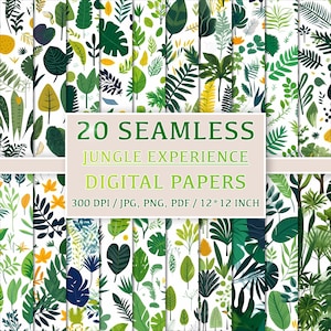 Jungle Digital Papers, Set von nahtlosen abstrakten Mustern, Hintergründen, Doodles. Printable, kommerzielle Nutzung, Sofort Download, Blätter, Bäume