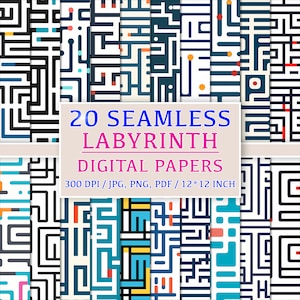 Set of 20 Labyrinth Maze Digital Patterns - Seamless Tech Design for Puzzles and Creativity, Digital Backgrounds, Clip Art, Scrapbooking Set