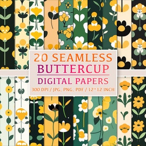 Set von 20 nahtlosen Buttercup Mustern für digitale Papiere, Clipart, Hintergründe, gelbe Blumen, Sommerblumen, schöne Blumen, 12x12 inch