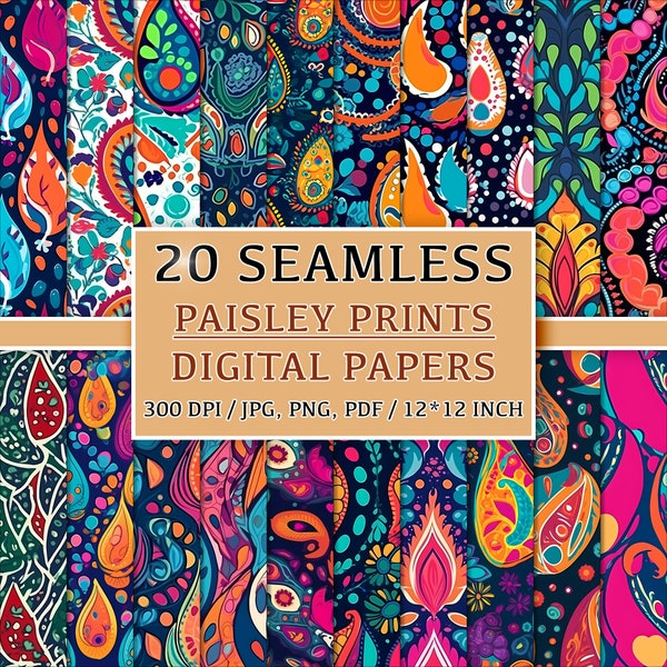 20 Seamless Prints for Digital Papers, Clipart and Backgrounds, Boho Chic Paisley Patterns, Digital Paper Set, Digital Download, Printable
