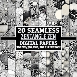 20 bezszwowych wzorów Zentangle Zen - skomplikowane i relaksujące papiery cyfrowe do uważnej kreatywności, tła do scrapbookingu, zestaw pakietów Doodle