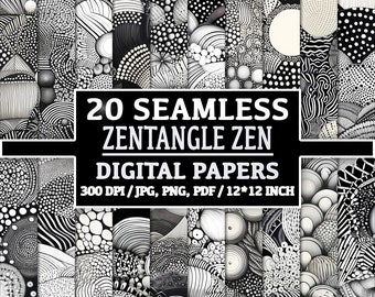 20 modèles Zen Zentangle sans couture - Papiers numériques complexes et relaxants pour une créativité consciente, arrière-plans de scrapbooking, ensemble de packs de gribouillages