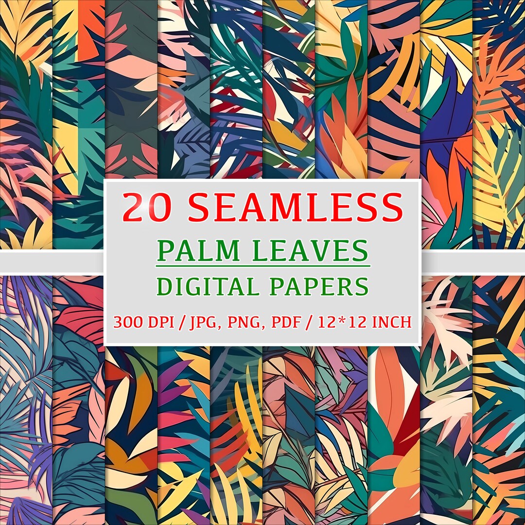 Set of 20 Exotic Palm Leaves Seamless Patterns, Digital Papers, Clipart ...