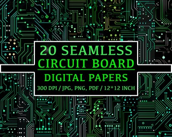 May include: A digital paper pack with 20 seamless circuit board patterns. The patterns are green and blue on a black background. The text "20 Seamless Circuit Board Digital Papers 300 DPI / JPG, PNG, PDF / 12*12 INCH" is displayed on the image.