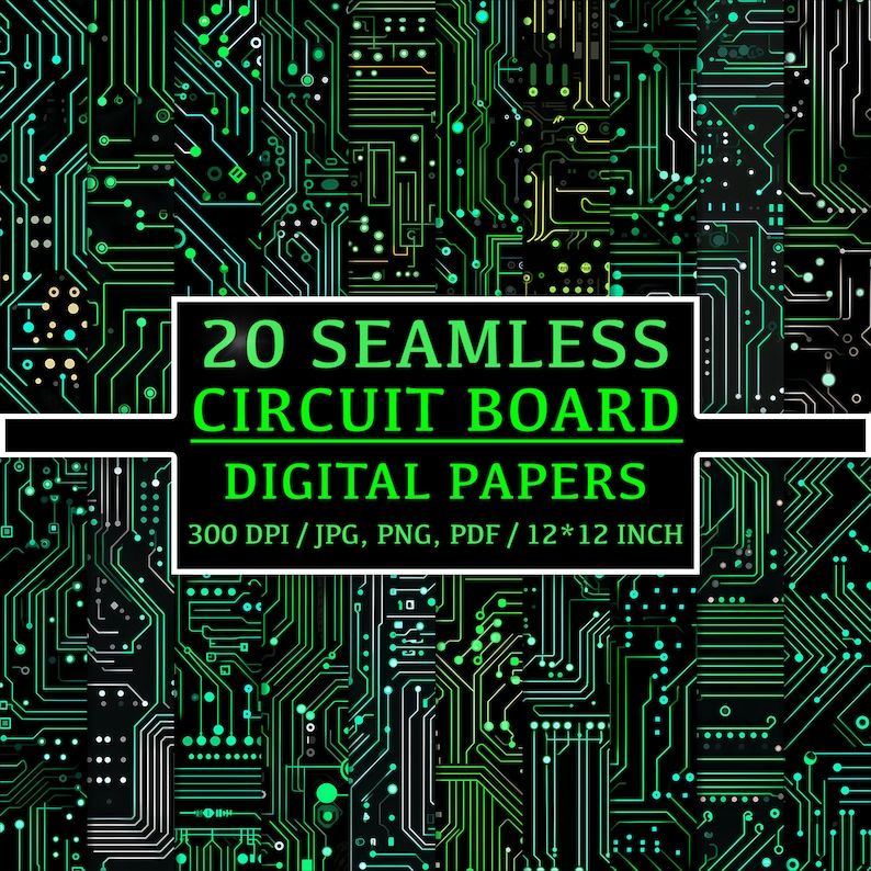 Tech-Inspired Elegance: 20 Seamless Circuit Board Patterns, Digital Papers, Clipart, Backgrounds, Computer Patterns, Motherboard Graphics