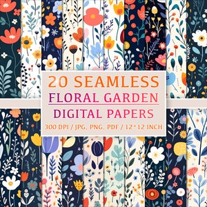 20 padrões florais perfeitos de jardim - flores felizes de verão, amor, bela natureza, pacote de download digital calmo e relaxante, conjunto de scrapbooking