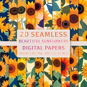 Beautiful Sunflowers: Set of 20 Seamless Digital Papers with Beautiful Floral Patterns. Exquisite Flowers, Clipart, Doodles, 12x12 inch set