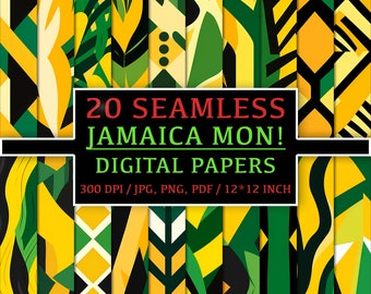 20 modèles sans couture inspirés de la Jamaïque - Papiers numériques avec musique reggae, rastafari et vibrations culturelles, Jamaïque, Rasta, Dreads, Ya mon Pack