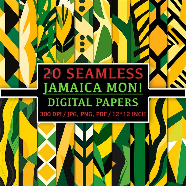 20 modèles sans couture inspirés de la Jamaïque - Papiers numériques avec musique reggae, rastafari et vibrations culturelles, Jamaïque, Rasta, Dreads, Ya mon Pack