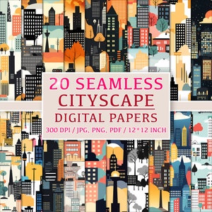 Urban Silhouette Harmony: 20 modelli di paesaggi urbani senza soluzione di continuità, documenti digitali, clipart, sfondi, grafica skyline, New York City, Big City