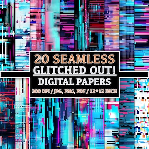 Może przedstawiać: Zestaw 20 papierów cyfrowych z efektem glitch. Papiery są w różnych kolorach, w tym niebieskim, różowym, fioletowym i zielonym. Papiery są bezszwowe i można je wykorzystać do różnych projektów, takich jak scrapbooking, tworzenie kartek i projektowanie cyfrowe. 300 DPI/JPG, PNG, PDF/12*12 INCH