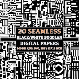 Set of 20 Patterns, Black & White Bogolan Digital Paper, Africa Inspired Patterns, Seamless Scrapbook Paper, Mudcloth Patterns, Download