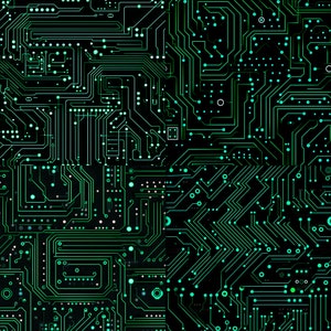 Peut inclure: Art num&eacute;rique abstrait repr&eacute;sentant un motif de circuit imprim&eacute; vert sur fond noir. Le motif ressemble &agrave; un r&eacute;seau complexe de lignes et de points, cr&eacute;ant une esth&eacute;tique futuriste et technologique.