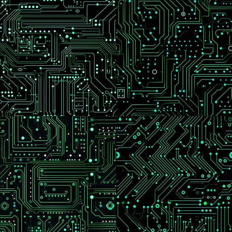 Peut inclure: Art num&eacute;rique abstrait repr&eacute;sentant un motif de circuit imprim&eacute; vert sur fond noir. Le motif ressemble &agrave; un r&eacute;seau complexe de lignes et de points, cr&eacute;ant une esth&eacute;tique futuriste et technologique.