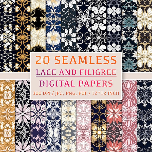 Romantic Lace and Filigree, 20 Seamless Patterns for Digital Papers, Clipart and Backgrounds - Perfect for Wedding Invites and Scrapbooking!