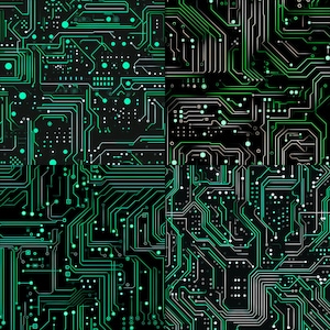 Peut inclure: Art num&eacute;rique abstrait avec un motif de circuit imprim&eacute; vert et blanc sur fond noir.