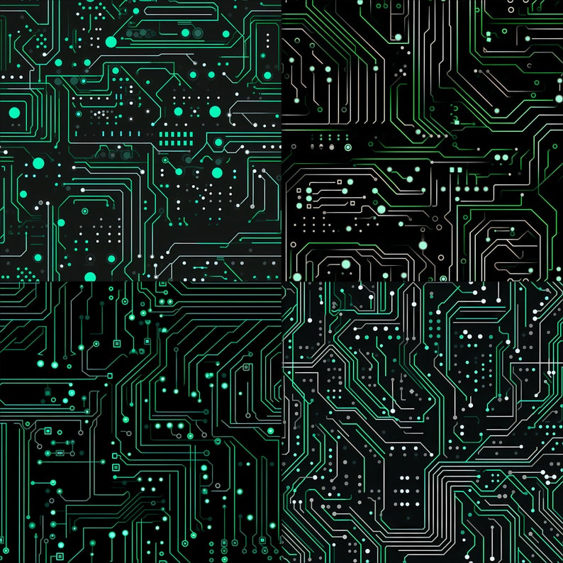 Peut inclure: Art num&eacute;rique abstrait avec un motif de circuit imprim&eacute; vert et blanc sur fond noir.
