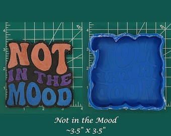 May include: A blue silicone mold for making a resin coaster with the text "Not in the Mood" in a retro font. The mold is approximately 3.5 inches by 3.5 inches.