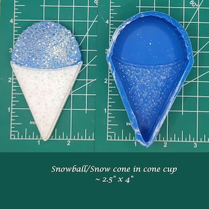 Puede incluir: Un molde de cono de nieve azul y blanco, que mide aproximadamente 6,35 cm por 10,16 cm, sobre una estera de corte verde. El molde está hecho de silicona y tiene una superficie texturizada.