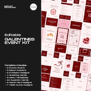 Galentines Day Party bearbeitbare Vorlagen | Canva Event Kit für Einladungen, Menükarten, Flyer, Poster & Spiele | Veranstalten Sie eine Valentines Mädels Nacht